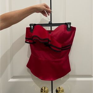 Red, strapless holiday top